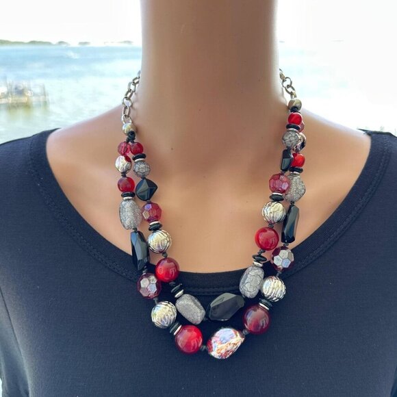 Ruby Rd Necklace Double Strand Chunky Statement Black Red Silver Gray Adjustable - Picture 2 of 3